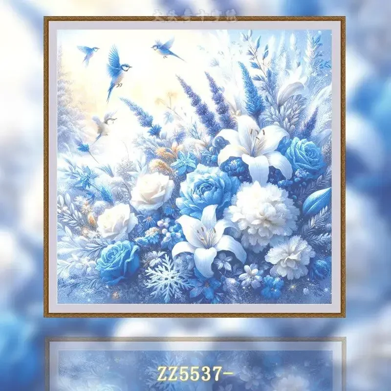 Stamped Cross Stitch Kit 14CT 16CT Printed Canvas Cotton Thread Embroidery Needlework Wall Decor[ZZ5537-Blue Feather Fragrance]