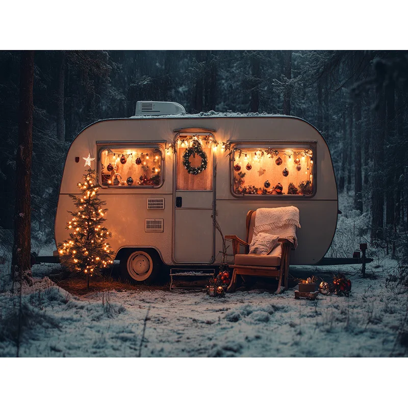 Cozy Camping Trailer Christmas Scene Photography Backdrop Props Winter Living Room New Year Holiday Photo Background RS-06