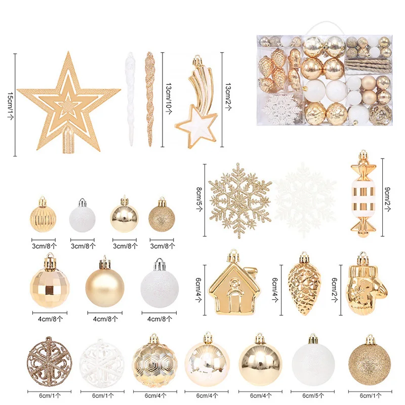 

121Pcs/box Christmas Ball Tree Top Star Decoration Plastic Gold White Baubles Christmas Tree Hanging Ornaments for Navidad Noel