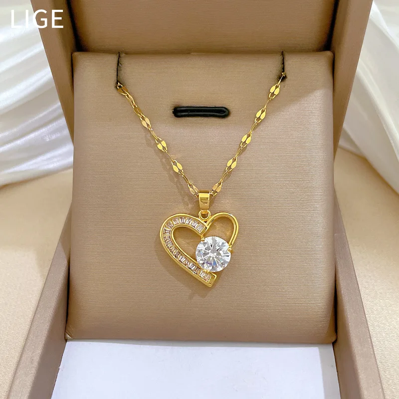 

18K Gold Plated Heart Crystal Pendant Necklace For Women Titanium Steel Girls Luxury Wedding Anniversary Gift Necklace