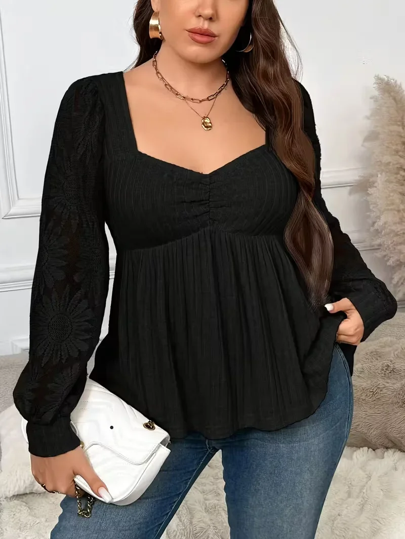 بلوزة نسائية كبيرة الحجم سلسلة أنيقة - كبيرة الحجم لون نقي مرقع شبكة عباد الشمس بأكمام طويلة للنساء