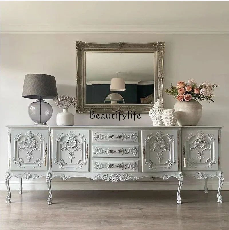 

French solid wood dining side cabinet European neoclassical retro carved living room TV cabinet