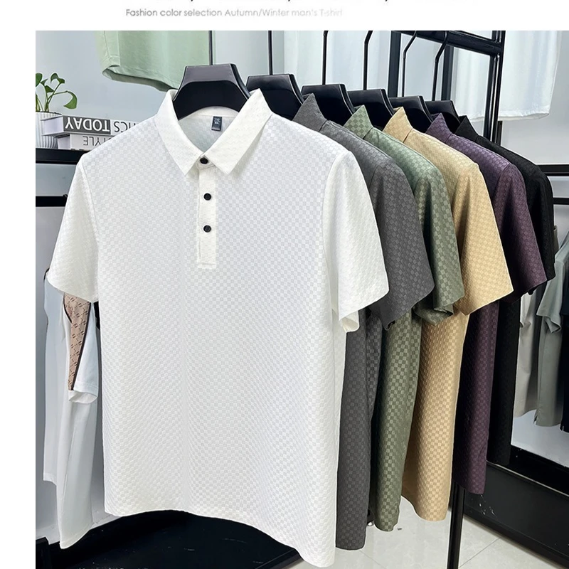 Ice Cool Feel T-shirt for Man Summer New Short Sleeve Seamless Tops Business High End Casual Luxurious Checked Jacquard T-Shirts