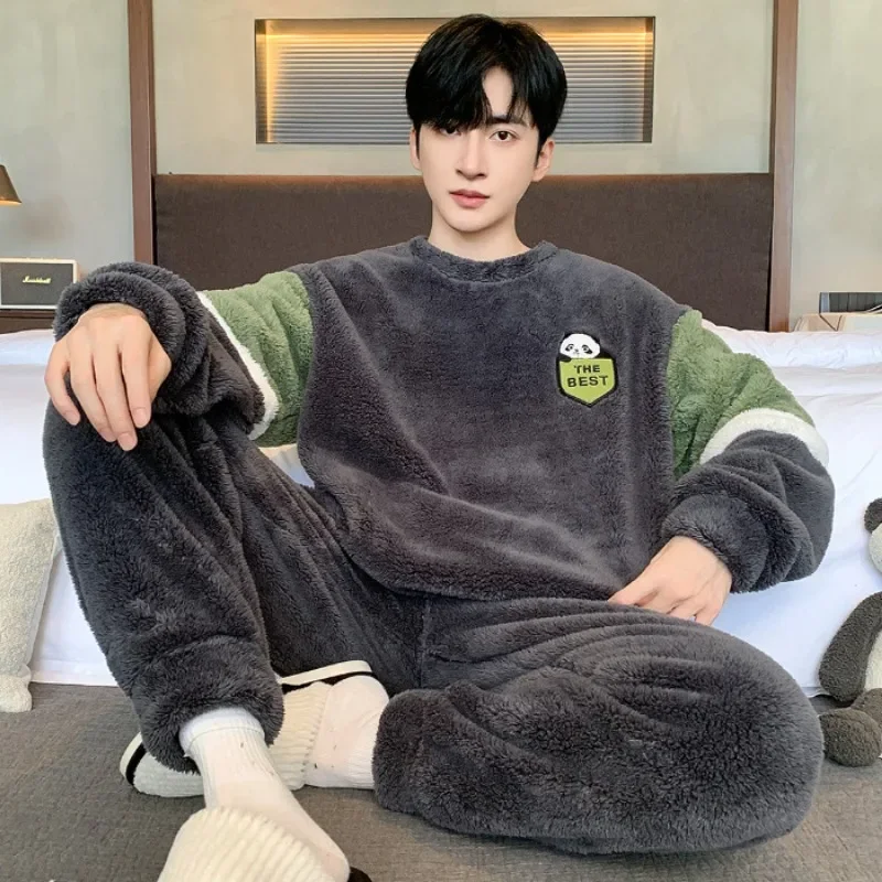 Large Size Thicken Flannel Pajamas Men Winter Warm Plush Soft Sleepwear Korean Student Cartoon Loose Homesuit Thermal Outfits