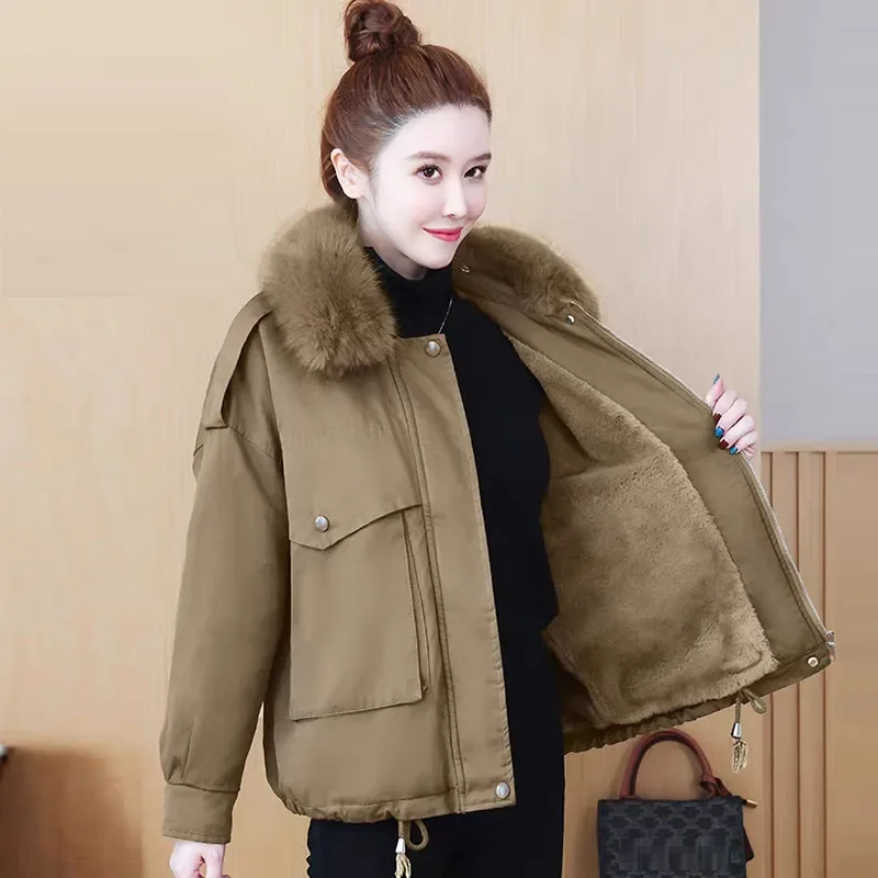 Autumn And Winte Plush Thickening New Female Jacket Coat Women Large Woolen Collar Short Tops Thickening Jacket