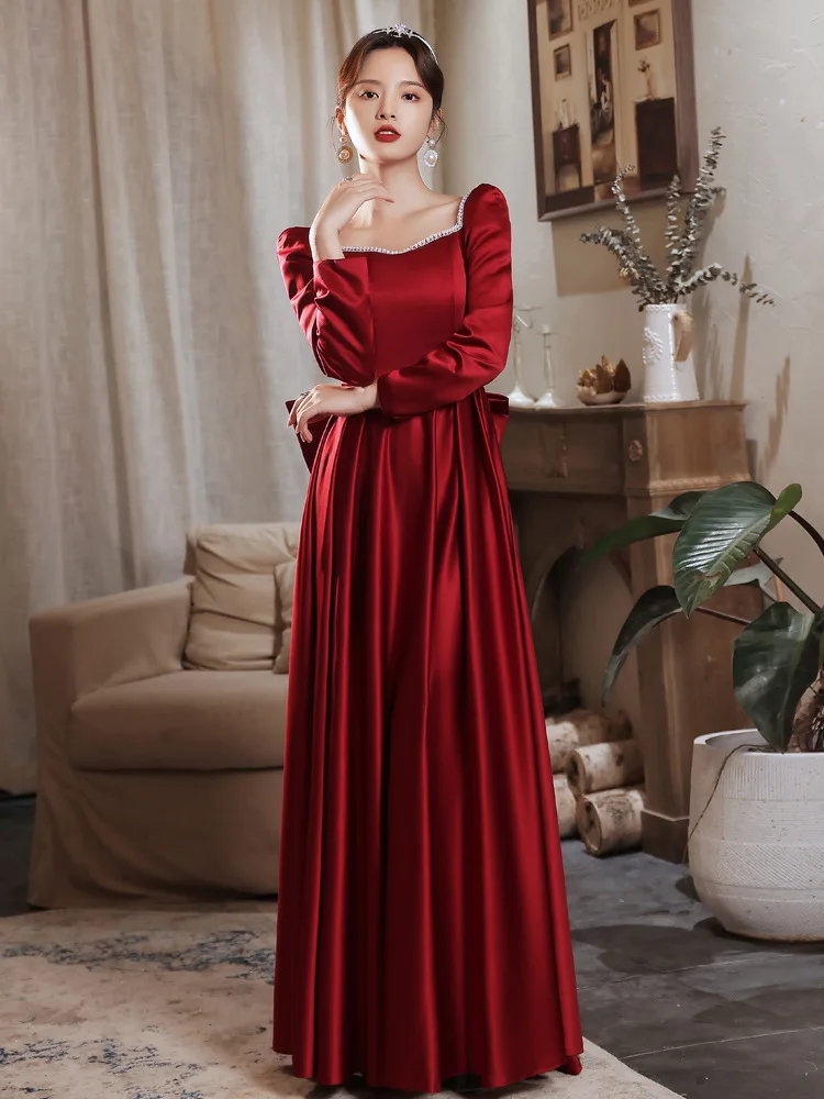 Elegant Square Neck Long Sleeve Evening Dress Burgundy Satin Back Big Bow Sweet Princess Empire A-line Long Homecoming Gonws