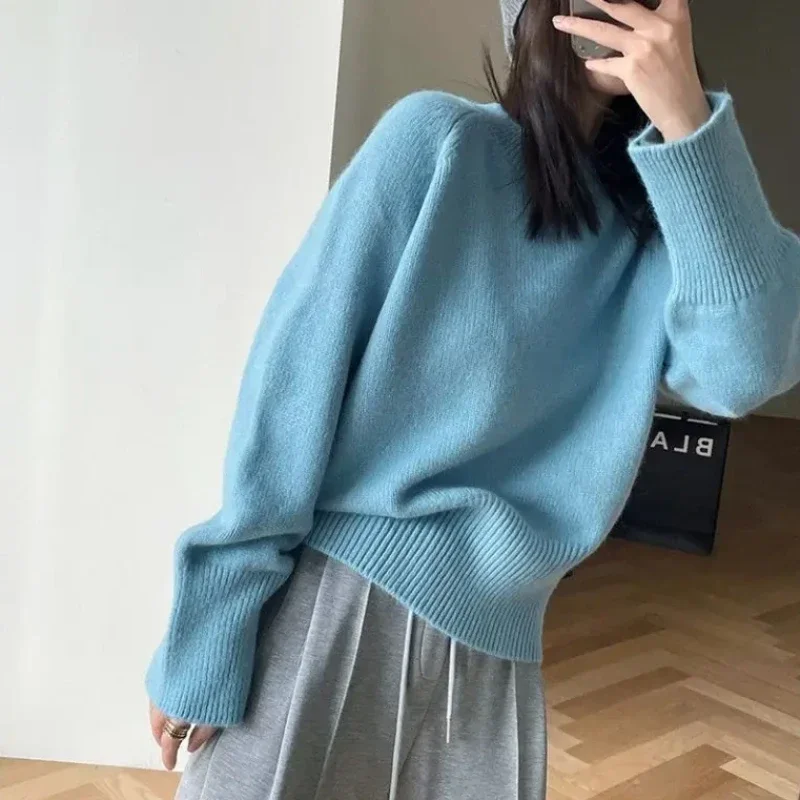 Knit Tops for Woman Pullovers Women\'s Sweater Round O Neck Blue Sale 2024 New Collection Economics Jumper Autumn Winter Trend In