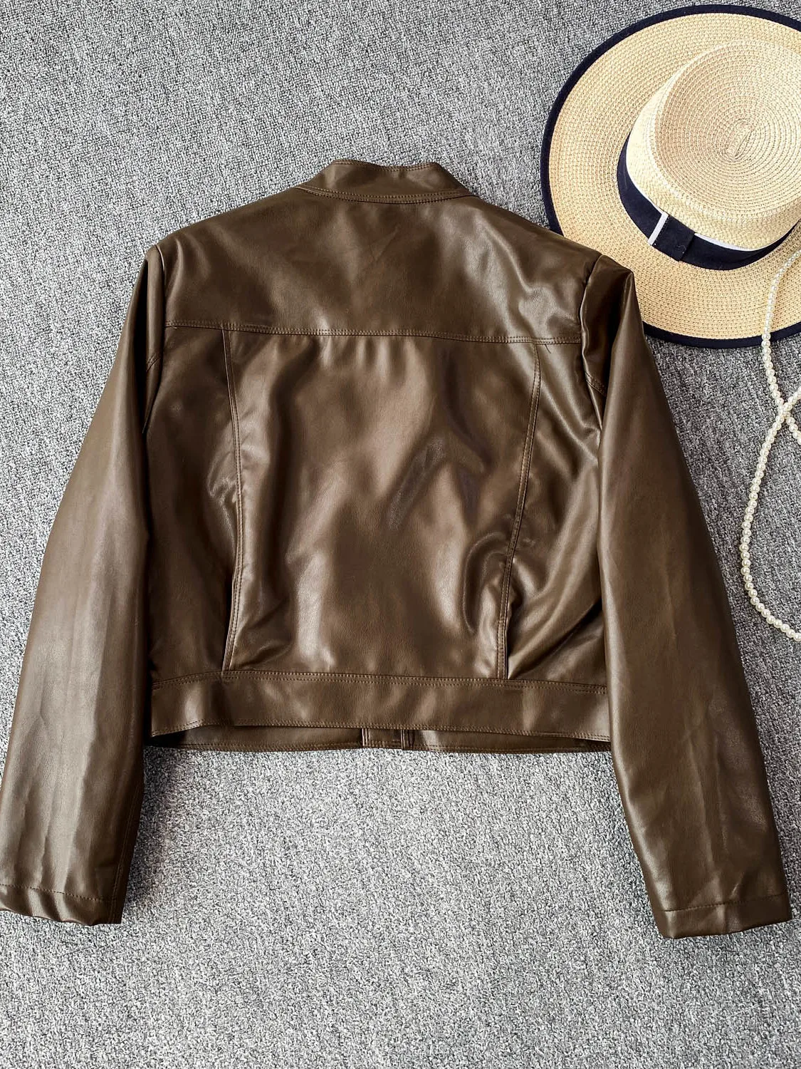 

Cool ort PU Leather Jaet Women's Loose Fit Stand Collar Slimming Outerwear Faionable Street Sle Autumn Winter Coat