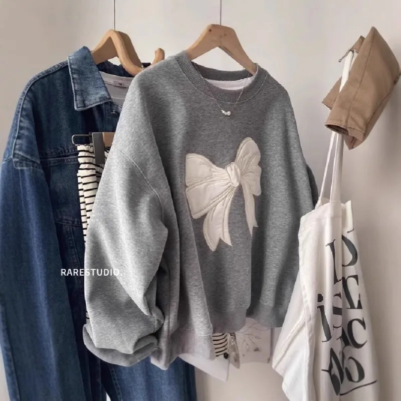 جديد رمادي تنوعا القوس المطرزة جولة الرقبة فضفاضة طويلة الأكمام Hatless البلوز قمة بسيطة #5