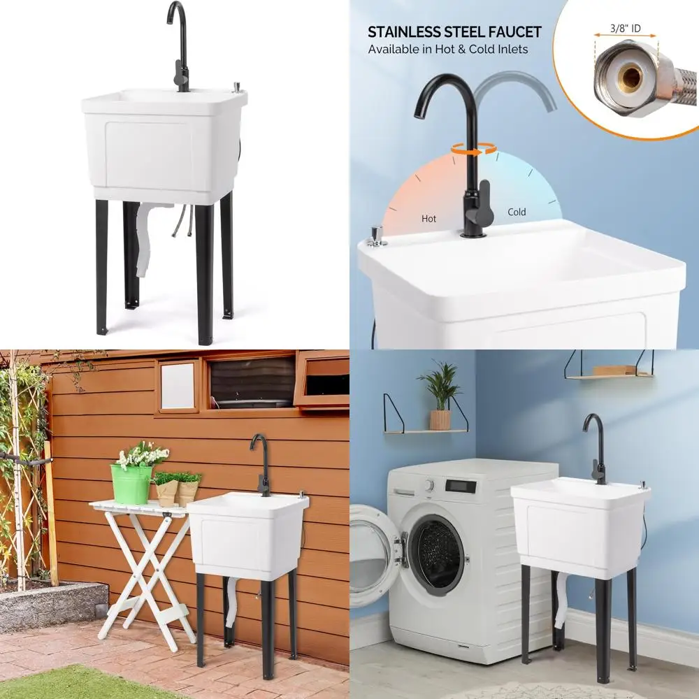 

Freestanding Utility Sink Laundry Tub 13 Gallon Stainless Steel Faucet White Washing Room 19.7W