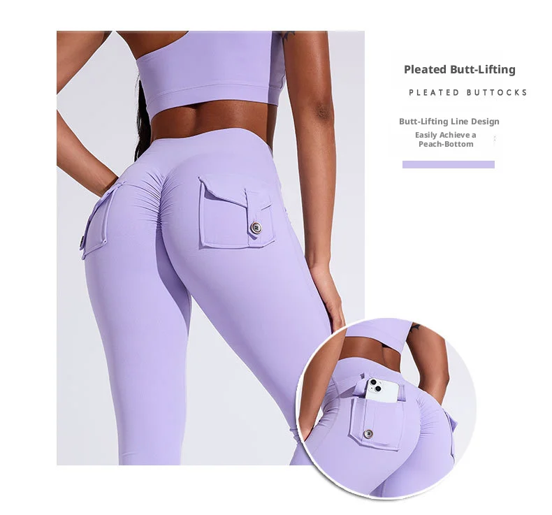 Damen Cargo-Taschen Flare Yoga-Hose mit hoher Taille, Po-Lifting-Effekt, dehnbare, schmale Bootcut-Leggings für Workout, Fitness, Sport und Freizeit – Detail 5