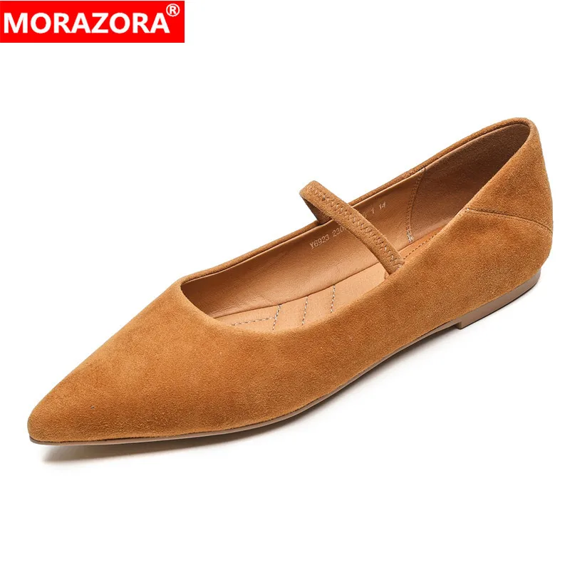 MORAZORA 2024 New Suede Leather Mary Janes Flat Shoes Woman Pointed Toe Handmade Retro Ladies Spring Summer Flats Daily Shoes