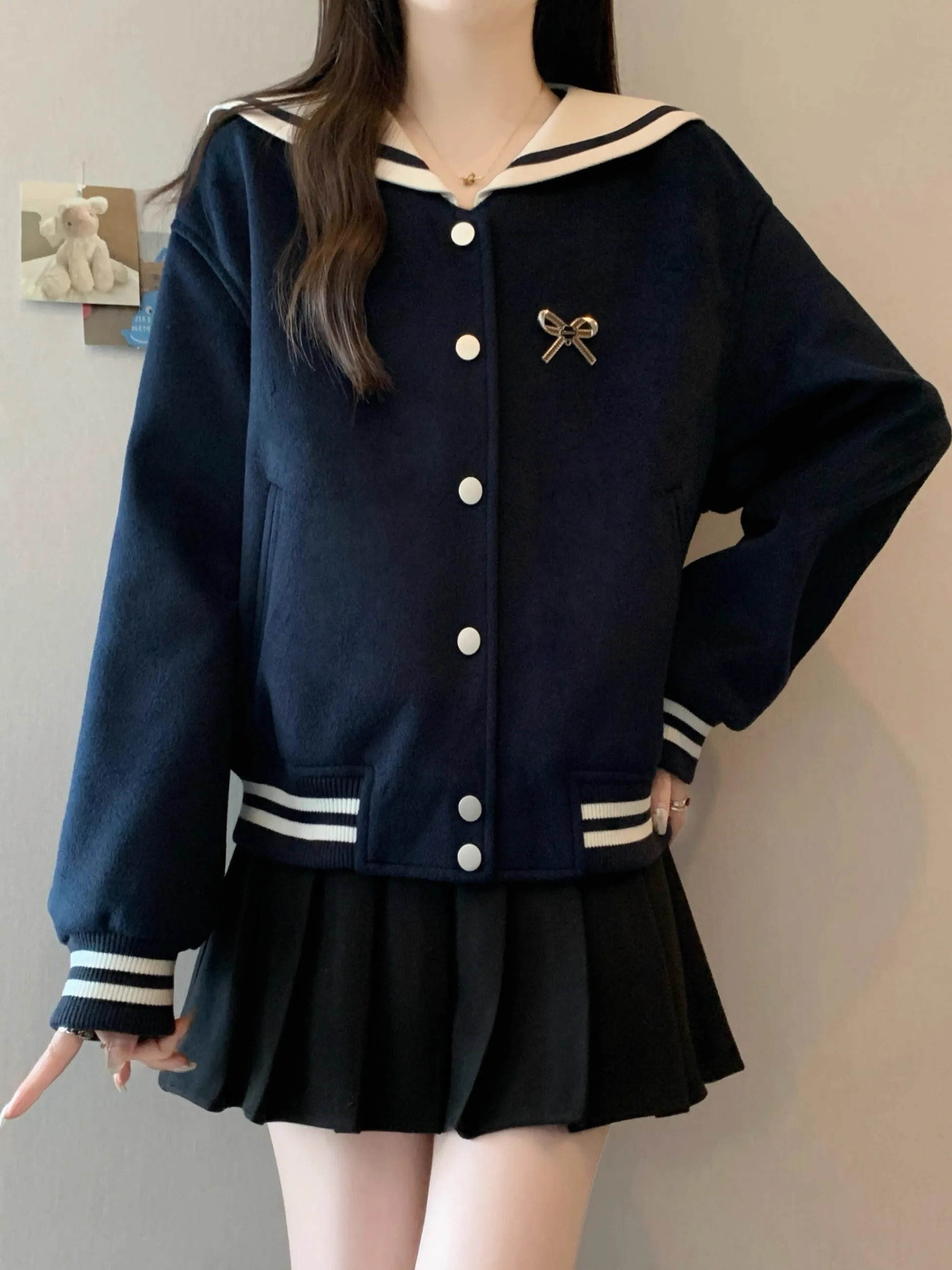 Chaqueta de Mujer con Cuello Marinero, Estilo Coreano, con Nudo, Color Bloque, Antienvejecimiento, para Viajar al Trabajo, Cortavientos