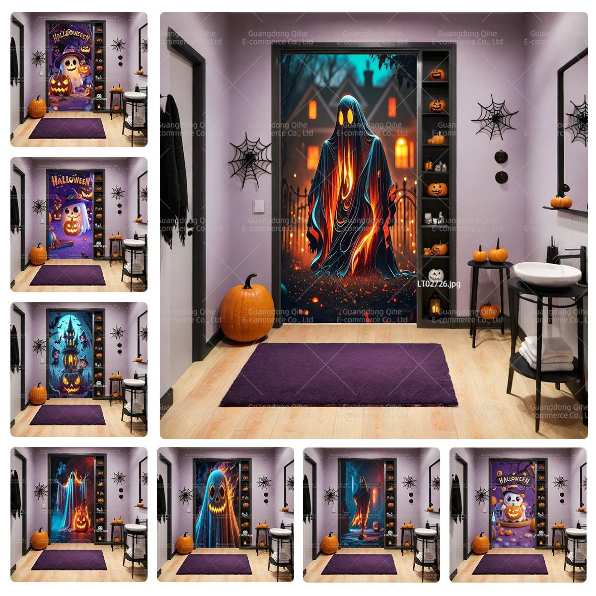 Halloween Door Decals - Scary Spider Web Ghost Vinyl Stickers, Waterproof Removable for Home Window Wall, Halloween Party Decor