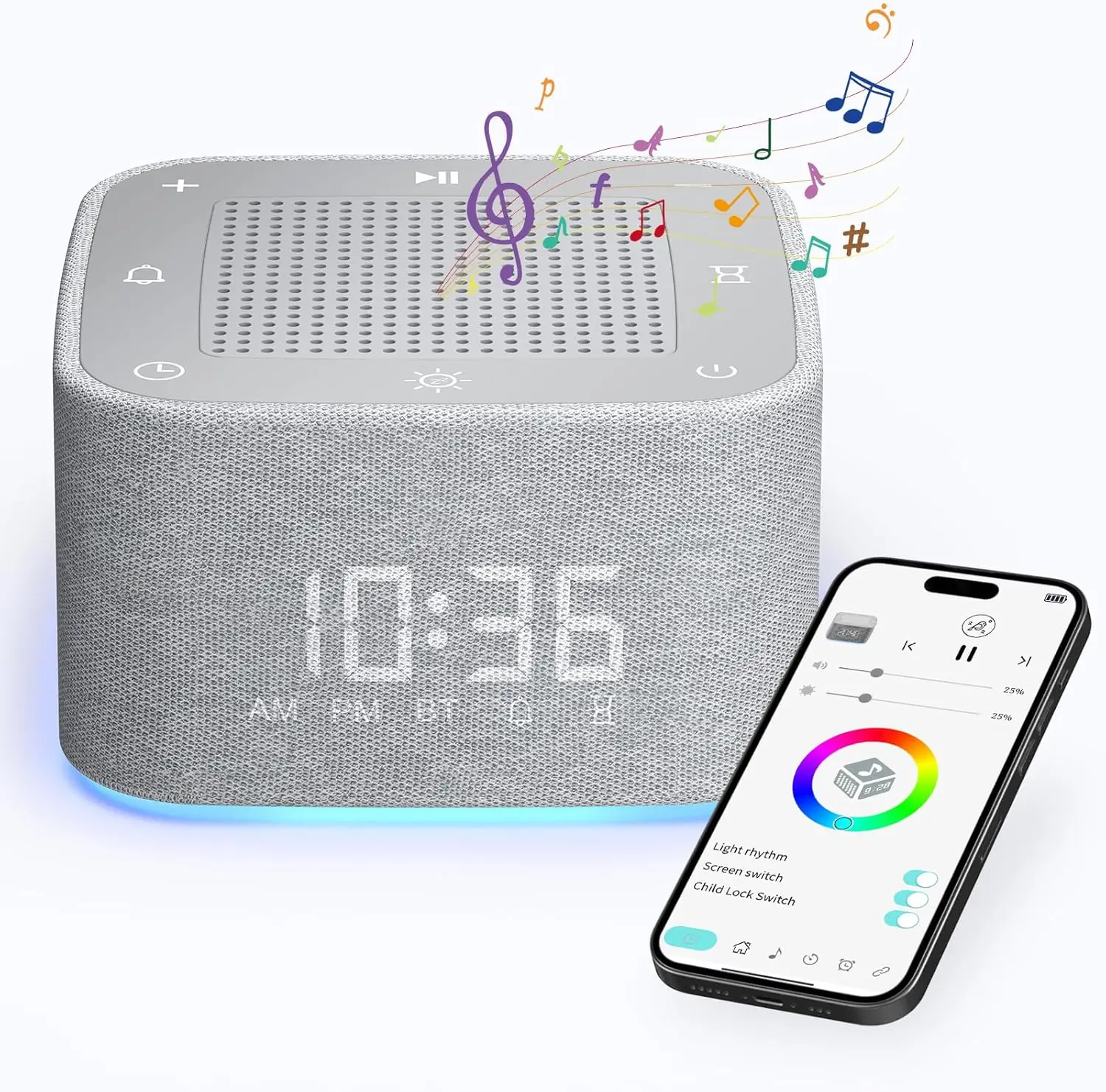 Mesin Suara White Noise 3 in 1 dengan 32 Suara & Jam Alarm & Lampu Malam, Jam Alarm untuk Kamar Tidur dengan Speaker Nirkabel