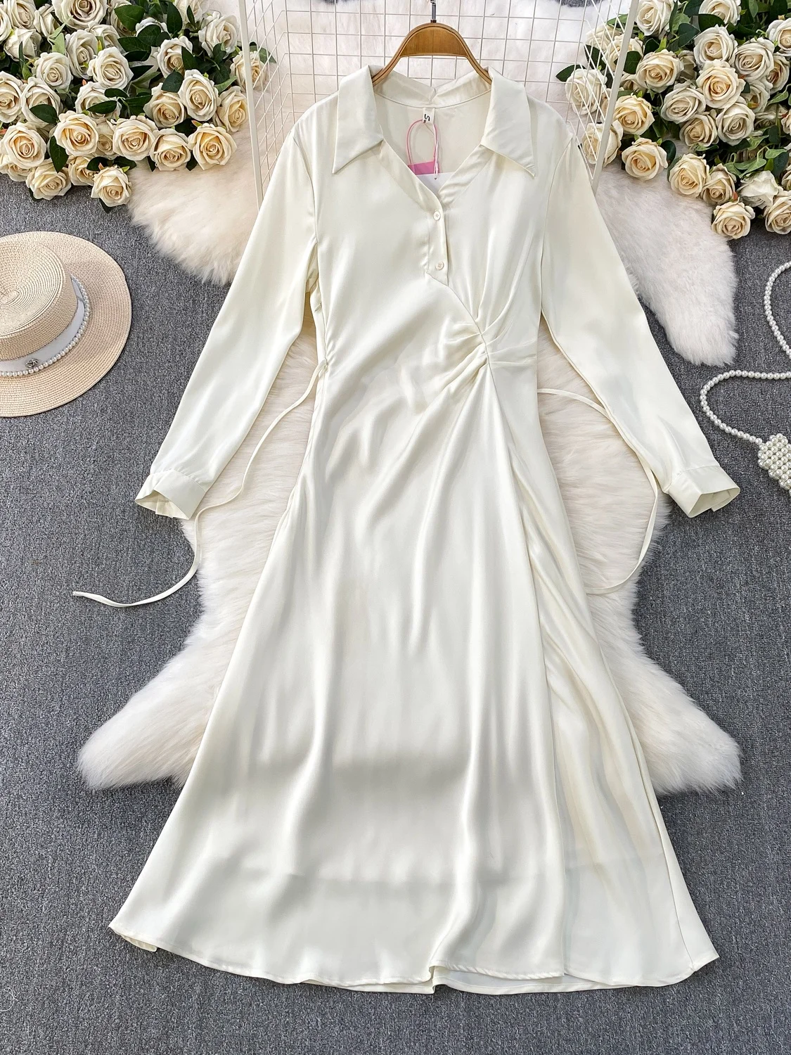 تنورة Ele V-ne طويلة على شكل حرف a Dr للسيدات بخصر عالٍ من قماش الساتان للتخسيس للخريف والشتاء Faion French Sle #2