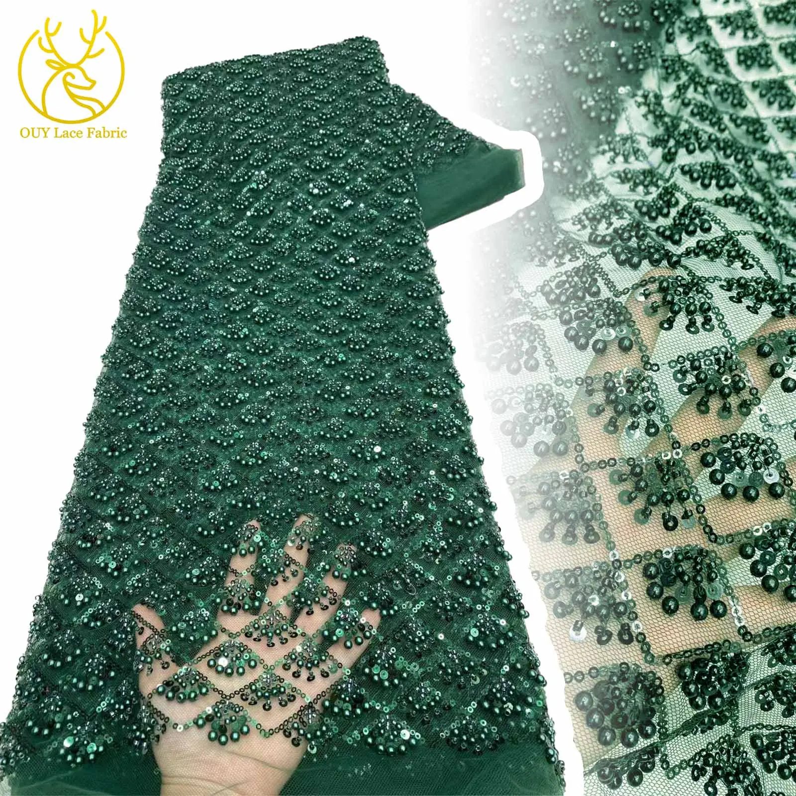 

Green European Mesh Lace Beaded Fabric 2025 African Nigerian Sequin Lace Fabric for Bridal Party Wedding Wedding Dress Sewing
