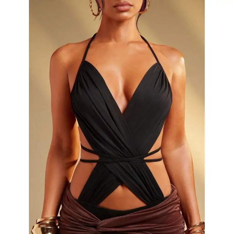 

Европейский и американский черный лепестковый крест, сексуальный однотонный модный облегающий комбинезон с открытой спиной и висящей шеей, универсальный комбинезон