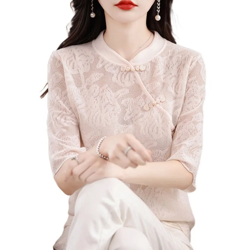 

Women's Ice Silk Buckle Short-Sleeved T-shirt Spring/Summer Thin Knitted Jacquard Hollow Design Chinese Style Top