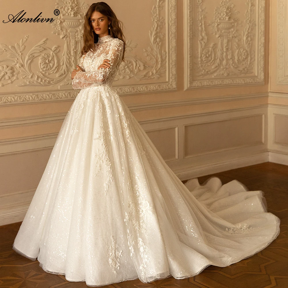 

Alonlivn High Collar Full Sleeves A-Line Wedding Dresses Beading Embroidery Lace Court Train Bridal Gowns