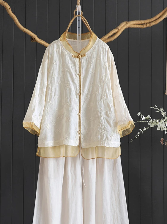 캐주얼 자수 패치워크 큰 사이즈 여성용 싱글 버튼 스탠드 칼라 세븐 슬리브 루즈 올매치 오픈 가디건