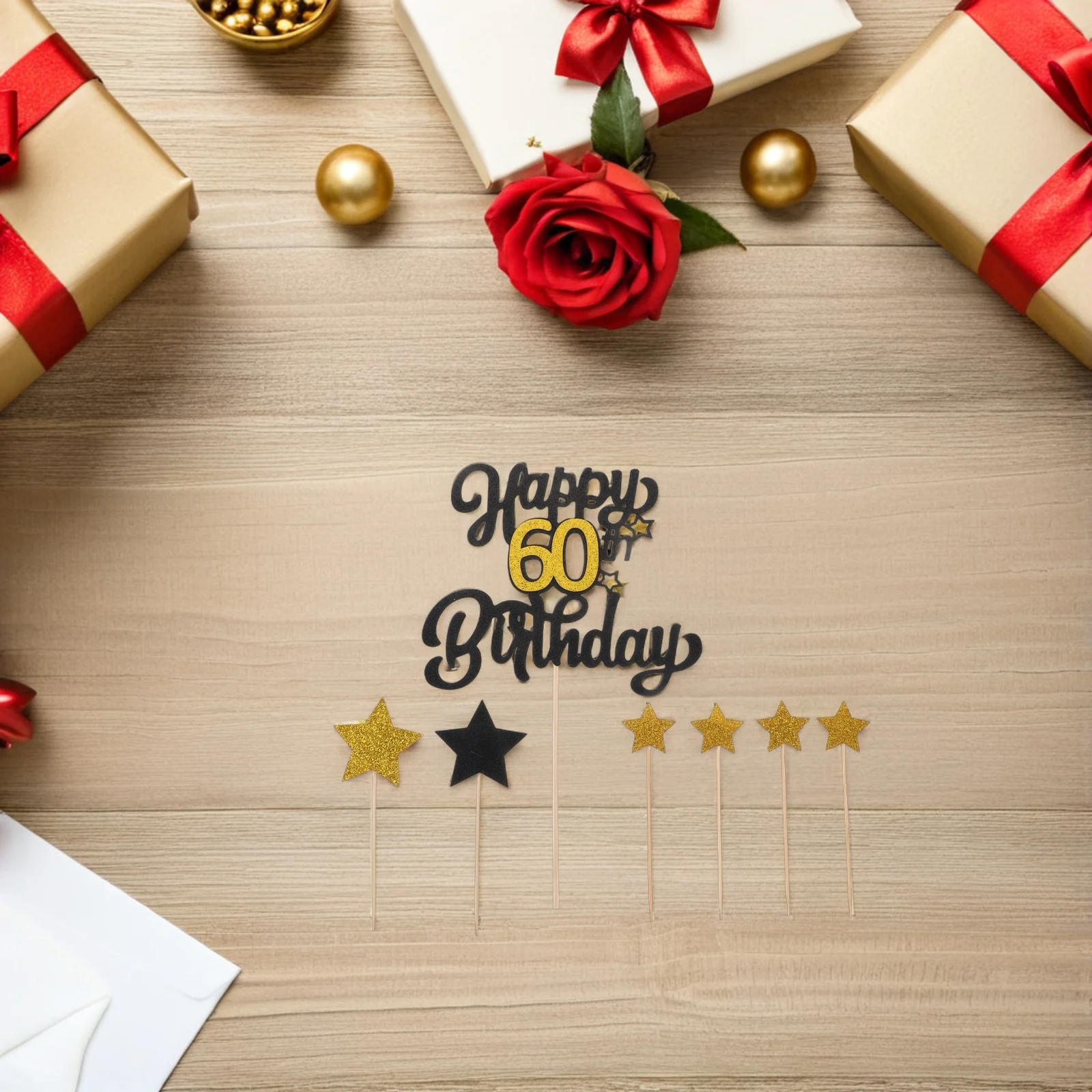 

4 set 4 Sets Birthday Cake Decoration Black Gold Toppers Flags for Cakes Baking Supplies Party Elegant Dessert Picks