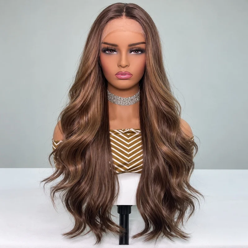 13x6 Lace Front Wig Brown Long Body Wave Japanese Fiber Free Parting Curtain Bangs Natural Hairline Daily Wear for Women
