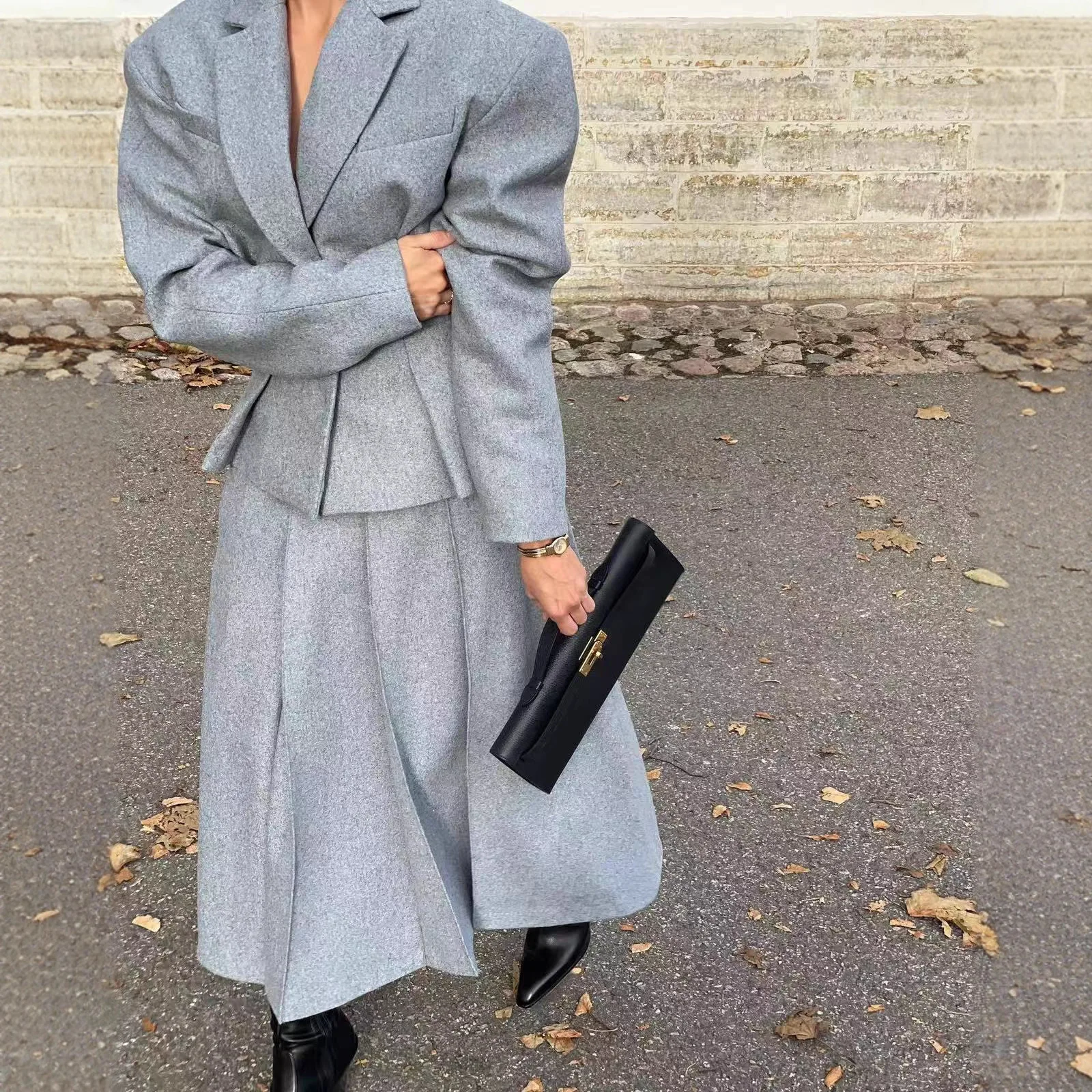 

Женский костюм, женский комплект из двух предметов, весенний новый стиль, однобортный однобортный тонкий костюм с лацканами и длинными рукавами, куртка, юбка, шерстяной костюм, женский