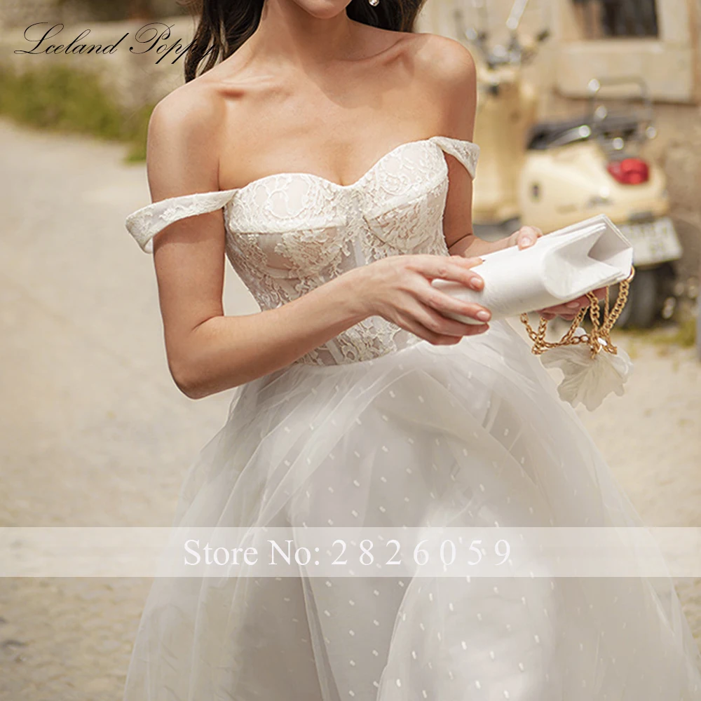 Lceland Poppy Customized A Line Vintage Wedding Dresses Off the Shoulder Mid-Calf Lace Bridal Gowns