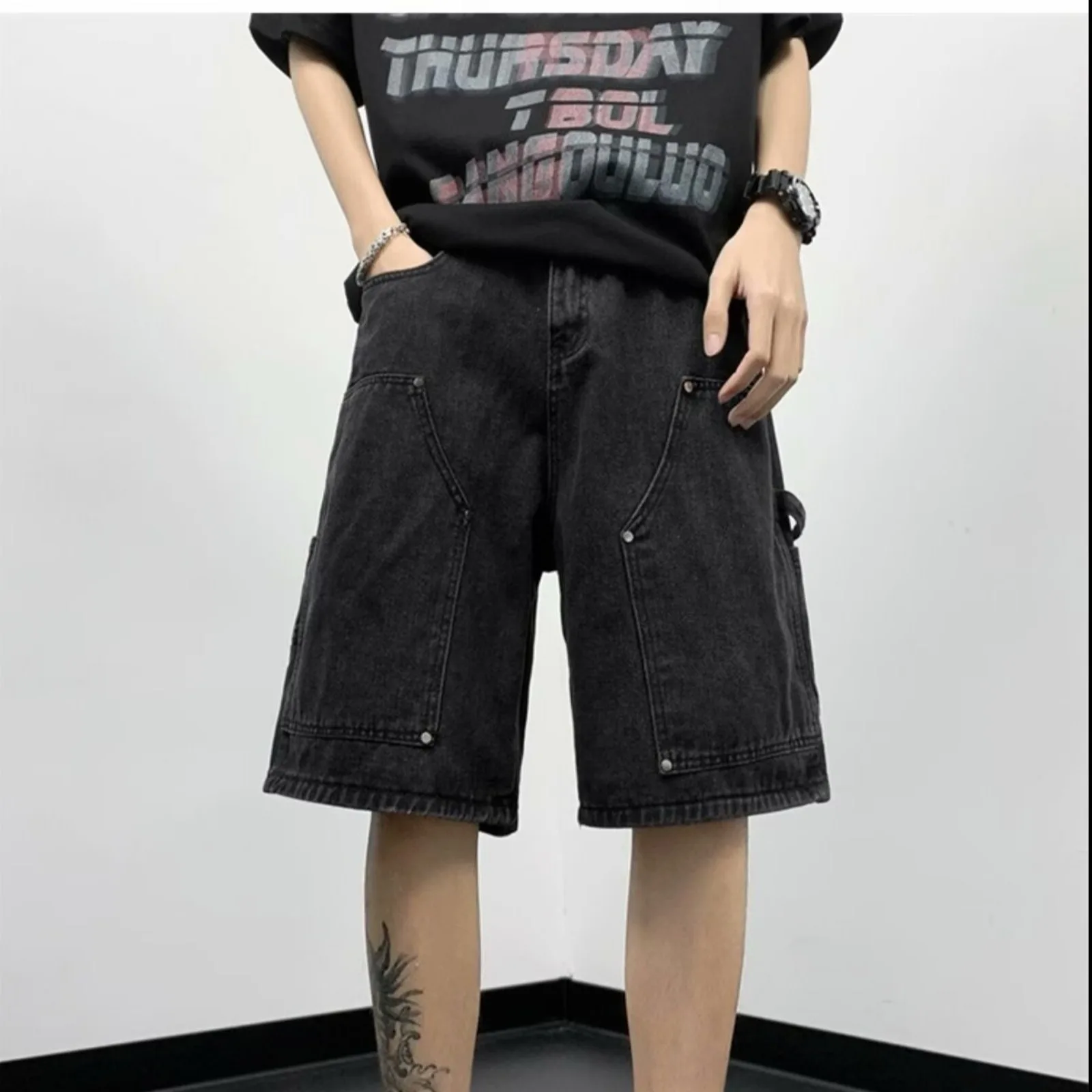 Men's Washable Jeans Shorts Summer Thin American High Street Trendy Loose 2025 Solid Color Male New Fashion