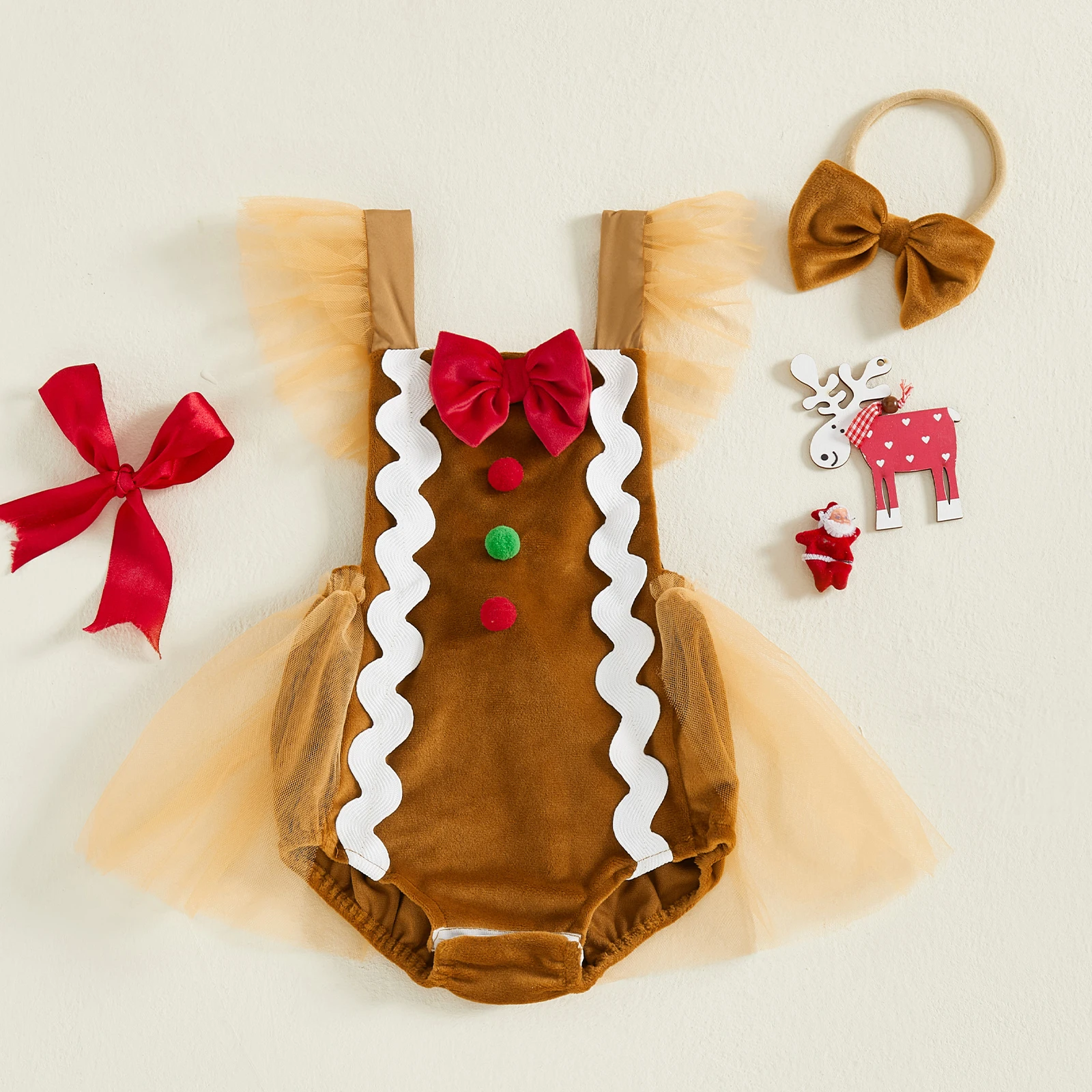 Cute Baby Girl Christmas Bodysuits 2 Piece Outfits Gingerbread Man Flying Sleeve Romper Dress Bow Headband Set