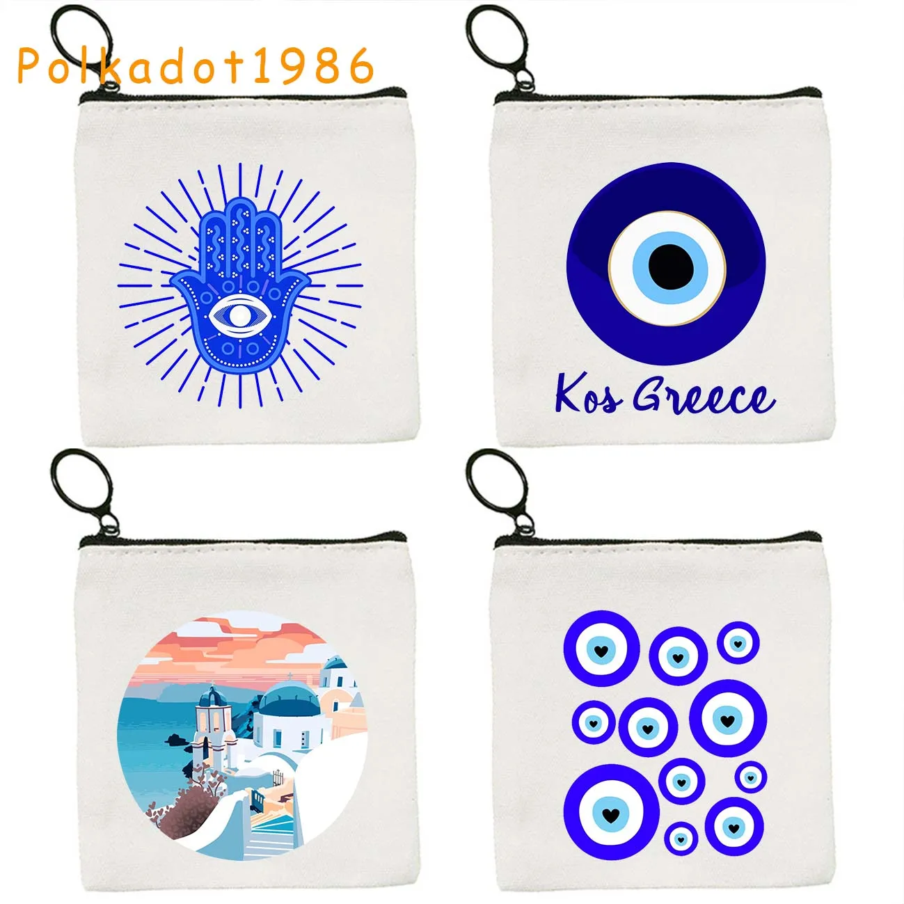 Love Santorini Greece Paradise KOS Island Greek EVIL EYE Mandala Hamsa Key Coin Purse Canvas Bags Cotton Pouch Cute Wallet Gifts