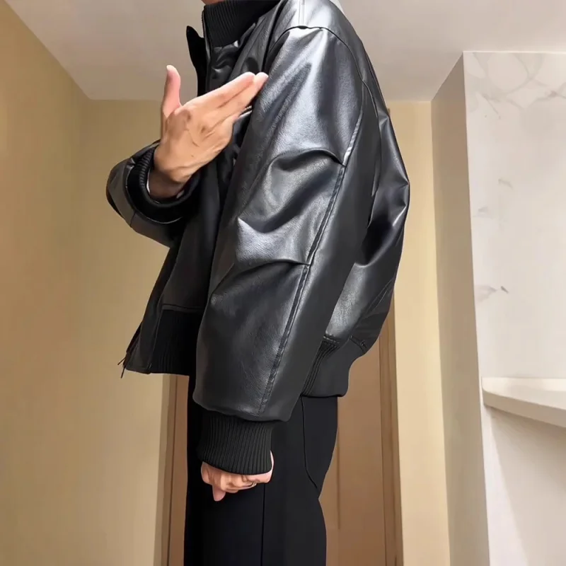 

Мужское кожаное и зимнее теплое пальто с коротким воротником-стойкой в американском стиле, крутое хлопковое модное пальто