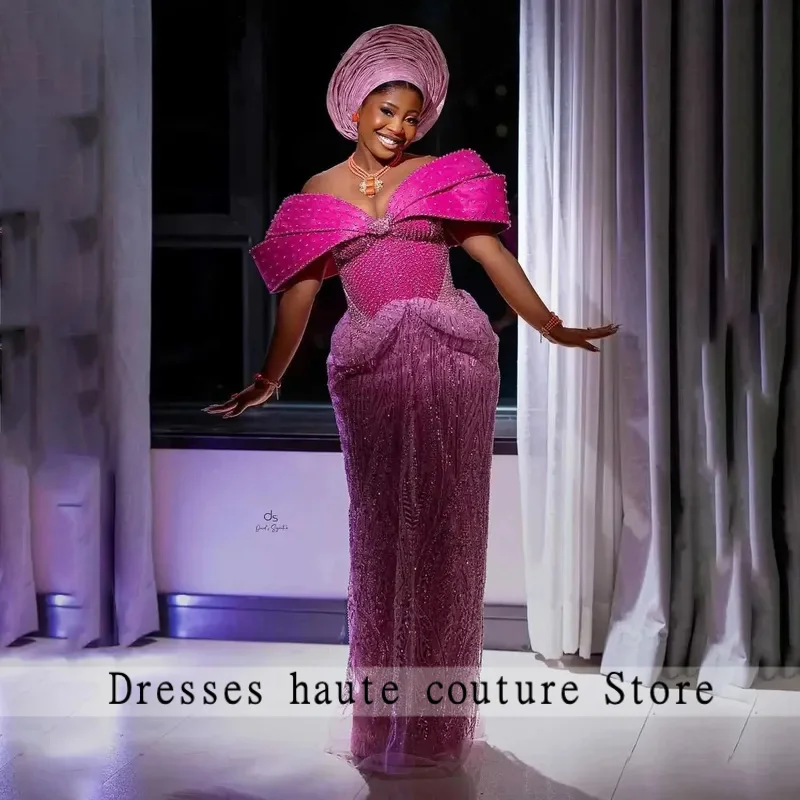 

Роскошные кружевные платья для выпускного вечера со стразами, розовое африканское платье невесты с открытыми плечами и бисером, прямое платье Aso Ebi для свадебного приема