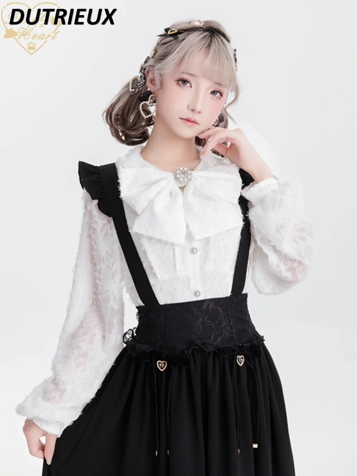 

Japanese Girlish Style Chiffon Pearl Long Sleeve Slim Tops Spring and Autumn New Solid Color Peter Pan Collar Bottoming Shirt