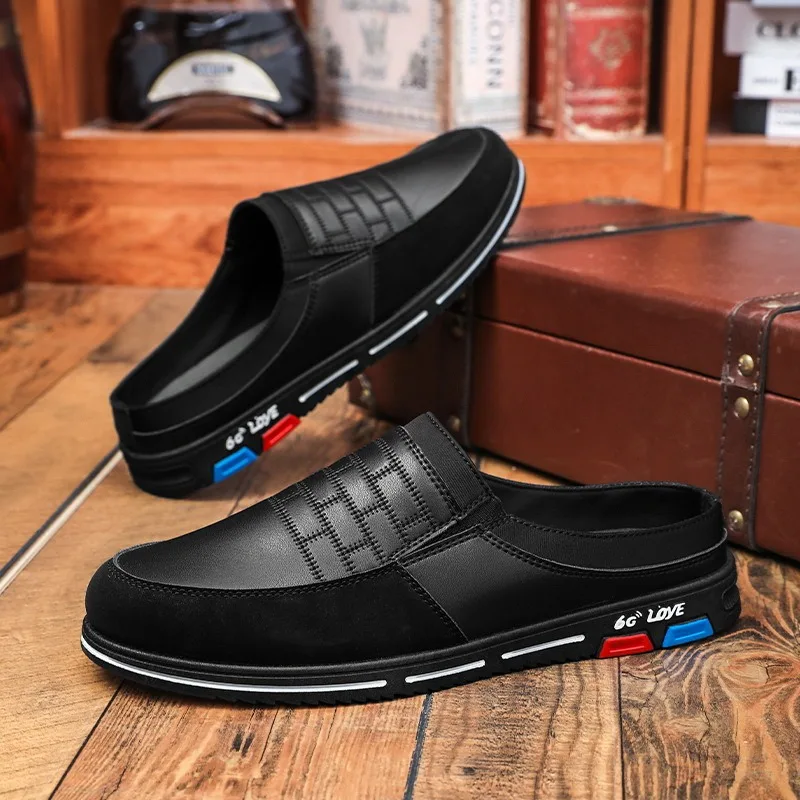 

Men's Leather Casual Slippers Outdoor Non-slip Sneakers Fashion BaoTou Half Slippers Light Walking Flat Slippers for Men Loafers
