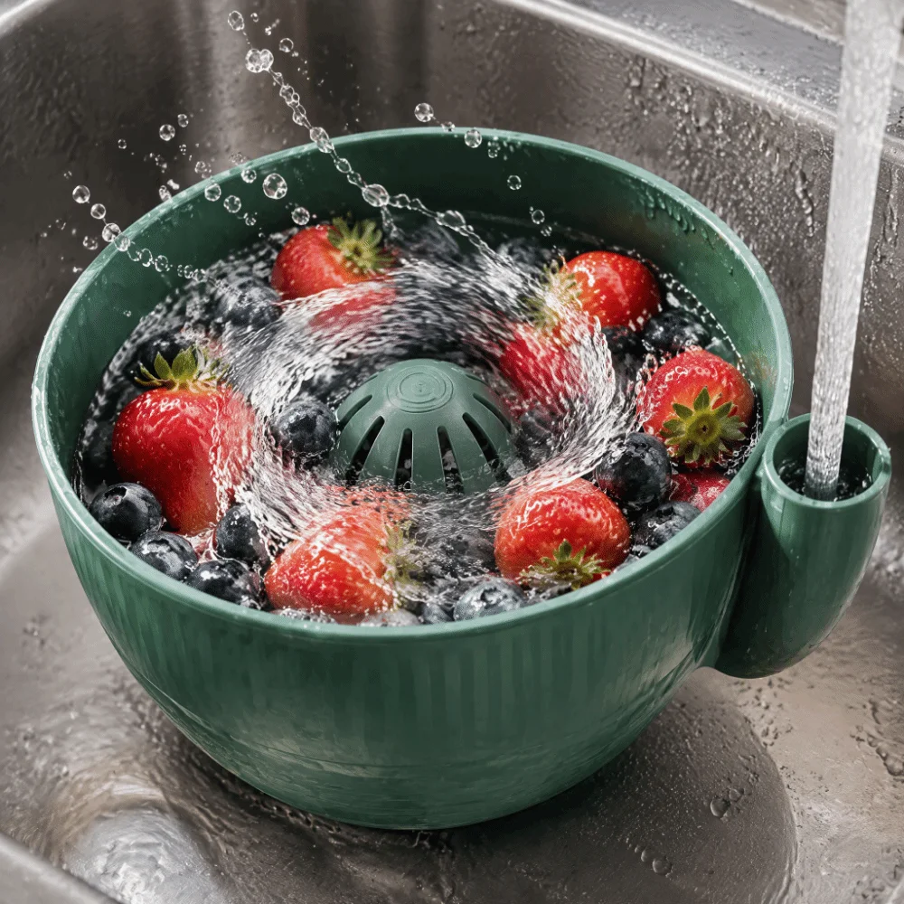 Self Spinning Berry Washing Bowl Swirling Design Rapid Wash Fruit Washer 3D Printed Craftsmanship Central Flow Pedestal