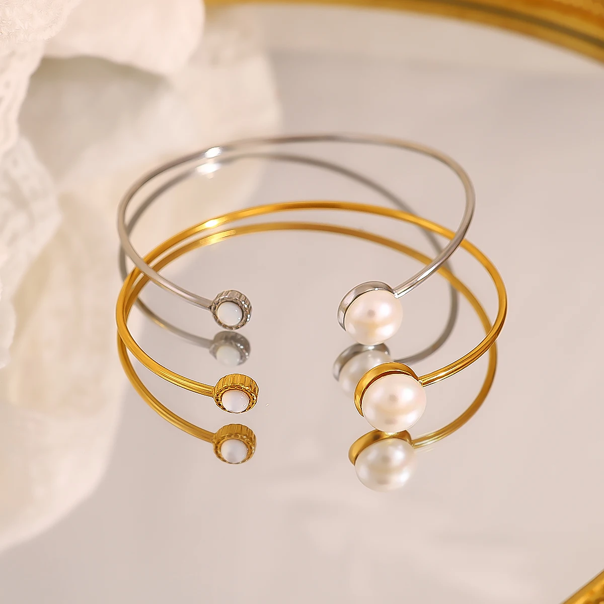 

WILD & FREE Minimalist Stainless Steel Cuff Bracelets for Women Retro Pearl 18K Gold Plated Bangle Tarnish Free Trendy Jewelry