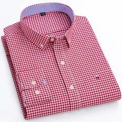 Men's Long Sleeve Oxford Dress Shirt 100% Cotton Plaid Checkered Chest Pocket Button Down Collar Casual Shirts