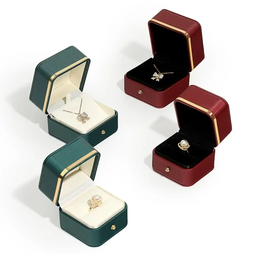 Fashion PU Leather Square Ring Box Gold Trim Elegant Ring Storage Case Velvet Interior Jewelry Packaging Wedding