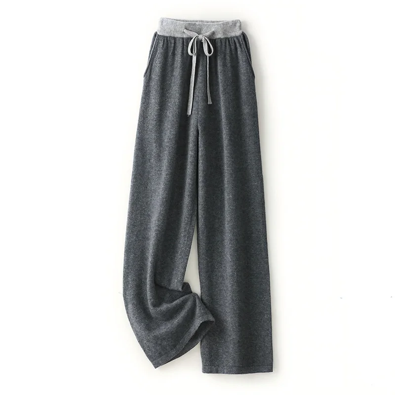 DjzDsm Women's Color Block Elastic Waist Casual Pants Autumn Winter Thickened Straight Leg Knitted Trousers 100% Merino Wool