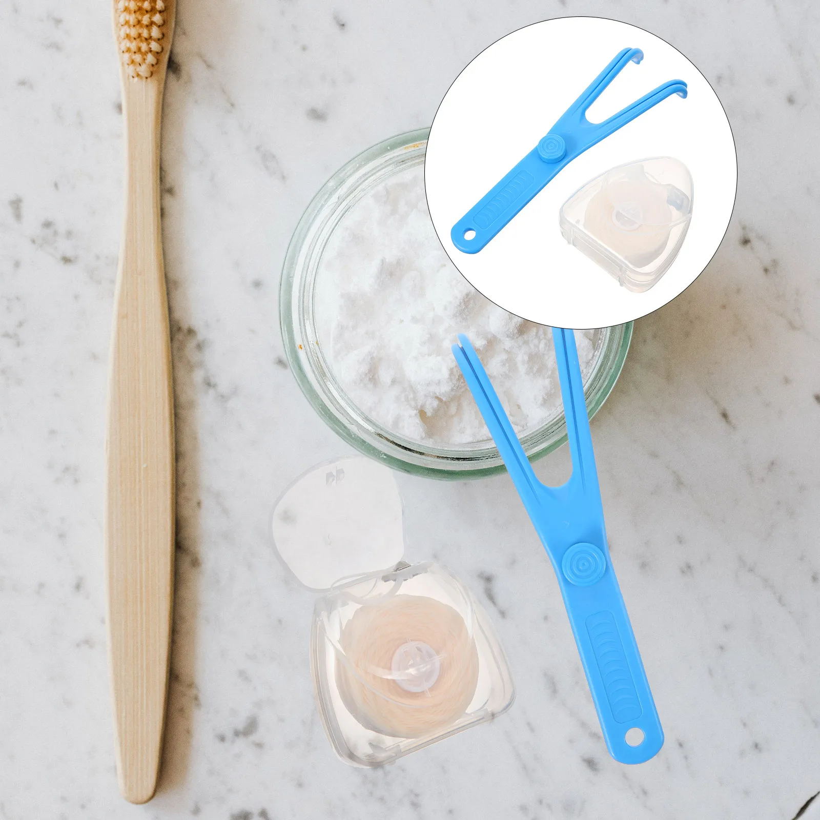 

1 set Reusable Dental Floss Holder Kit Blue Frame with 50M Polyester Floss Portable Oral Cleaning Tool for Adults Easy Grip Hook