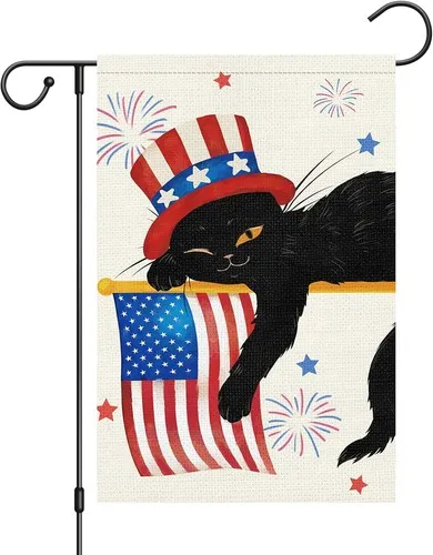 4th of July Garden Flag Double Sided Vertical, Small Burlap Black Cat, 12x18 XXQ