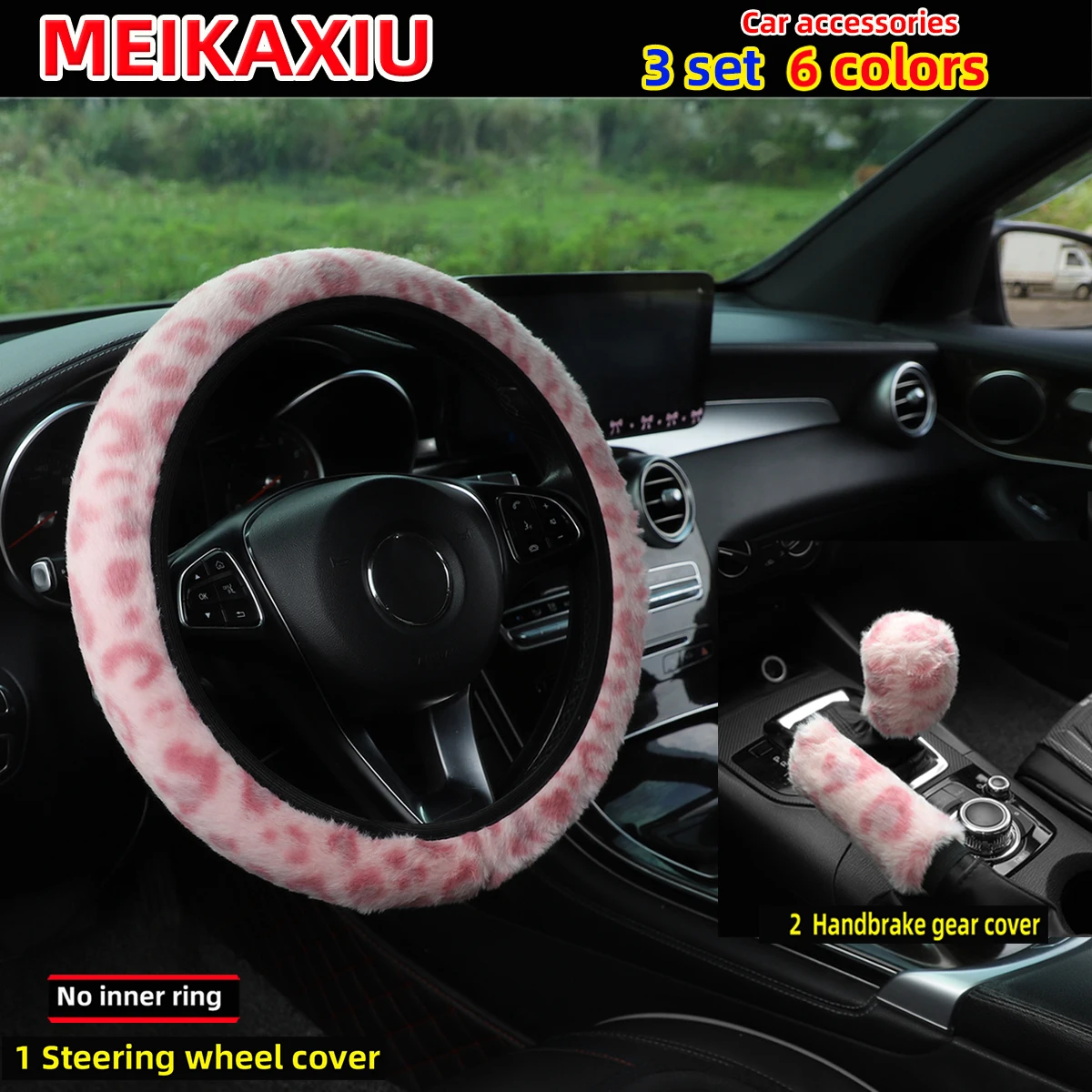 3 pçs de pelúcia leopardo impressão carro sem aro capa de volante, capa de freio de mão, capa de mudança de engrenagem, decoração de carro para mulher