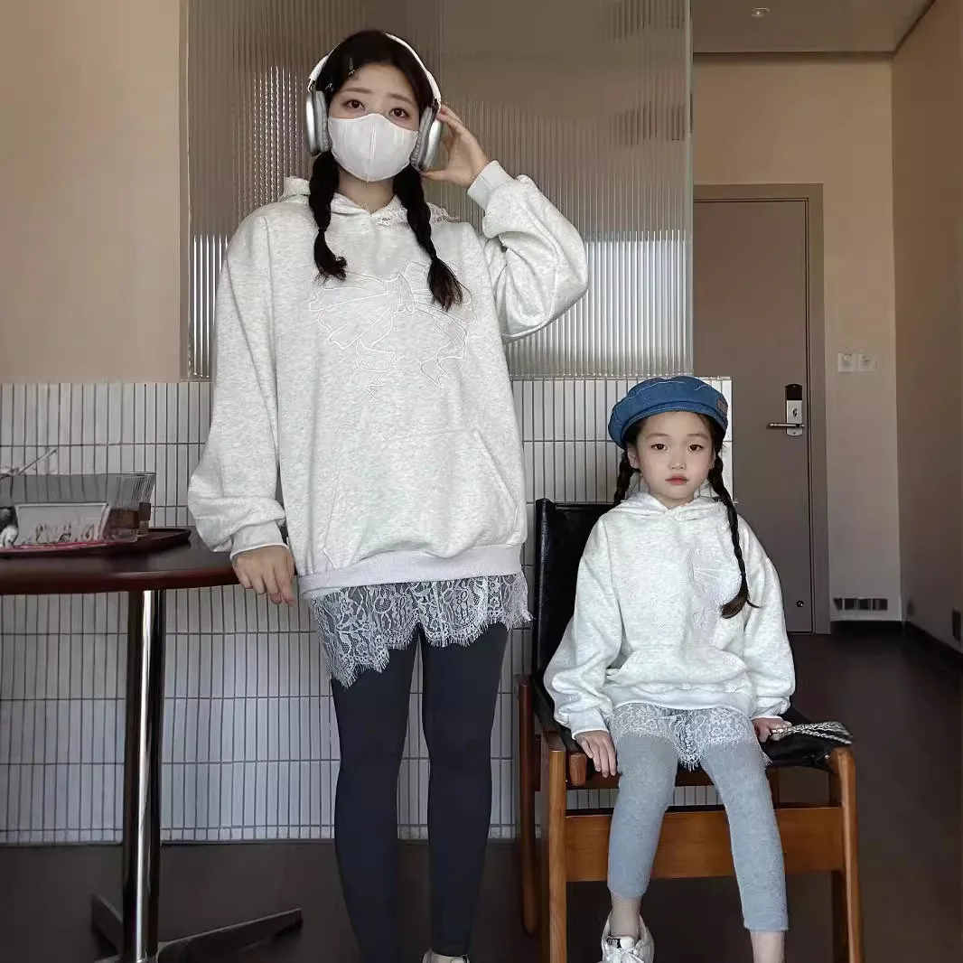 New autumn products, new lace bow hooded parent-child sweater