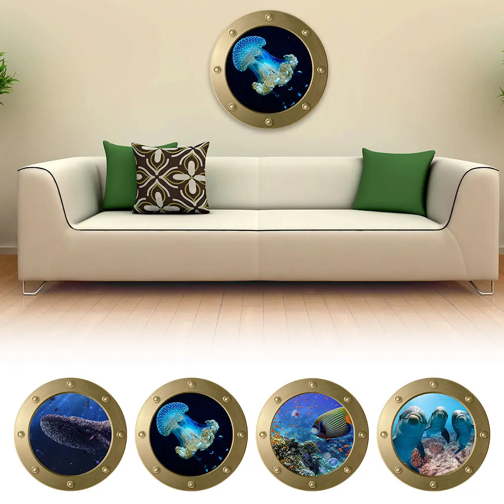 3D Porthole Under The Sea Stickers Seabed Animal Wall Stickers Kids Rooms Home Decoration Stickers Faux Submarine Murals Wall