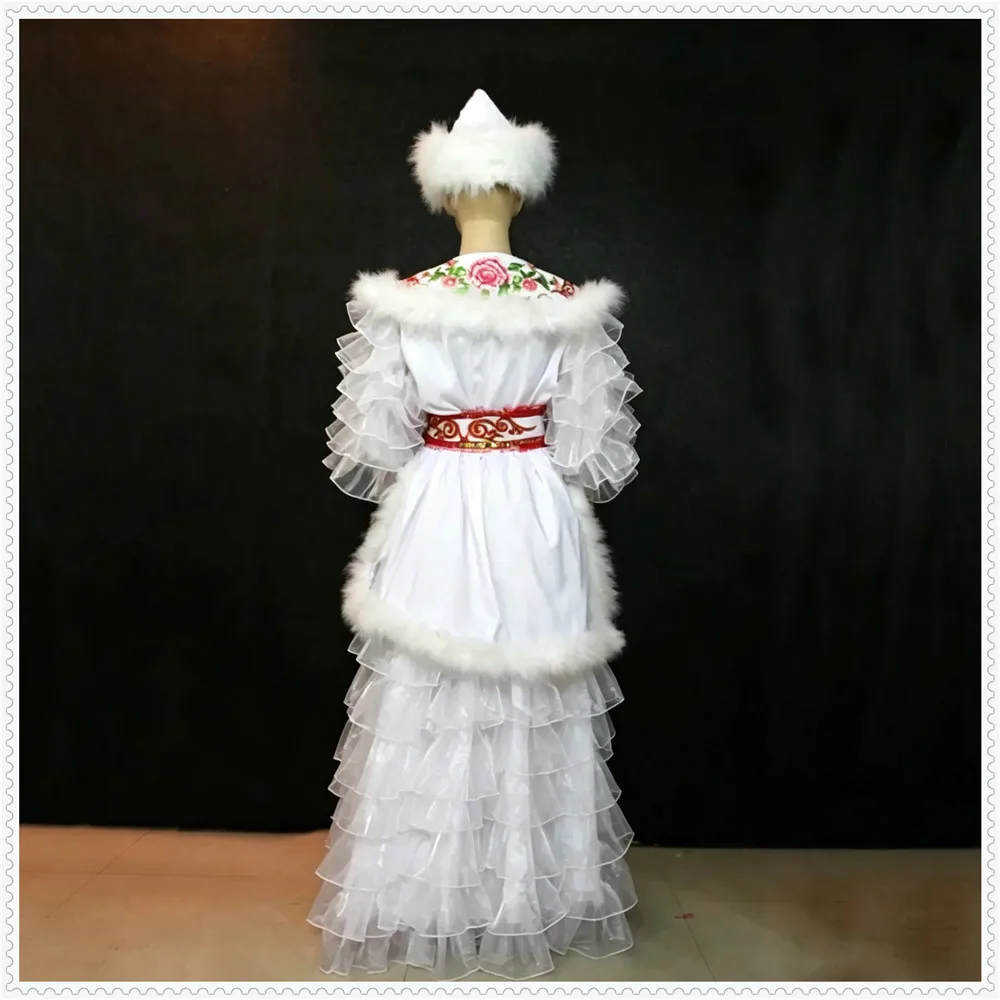 Custom Made Kazakh Ethnic Dance Costume, Women's Traditional Stage Performance Dress with White Artificial Fluff& Embroider