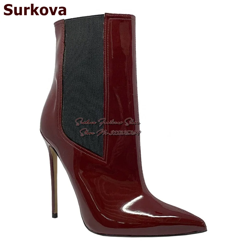 Surkova Burgundy Black Patent Leather Elastic Band Ankle Boots Stiletto Heel Pointed Toe Patchwork Dress Shoes Stretchy Booties