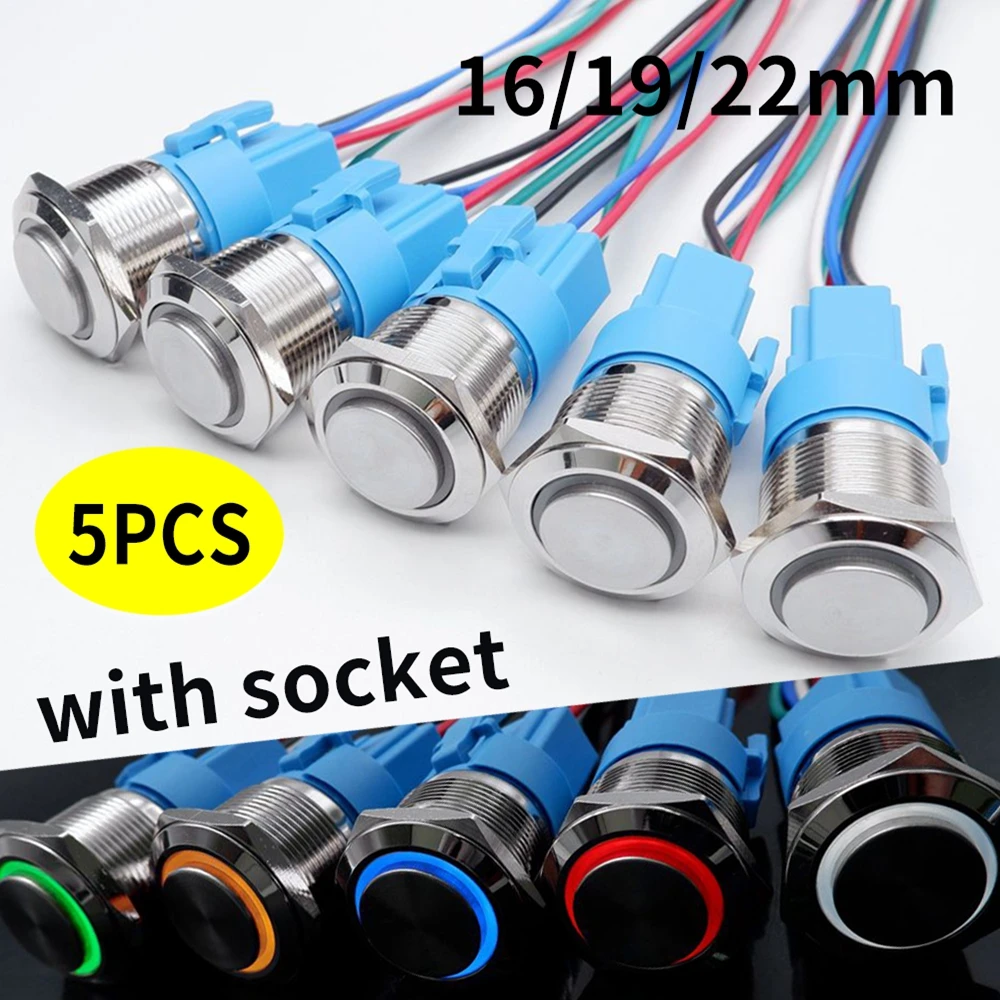 5 sztuk 16/19/22mm wodoodporny metalowy przycisk samoblokujący Reset LED silnik samochodowy przycisk zasilania wysoka głowica 5 v12v 220V