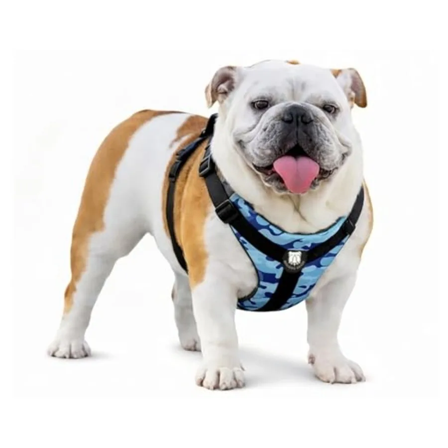 

-Pull Harness for English and French Bulldogs - Adjustable Wide-Chest Fit Reflective Vest with Control Handle Bully Blue Camo L